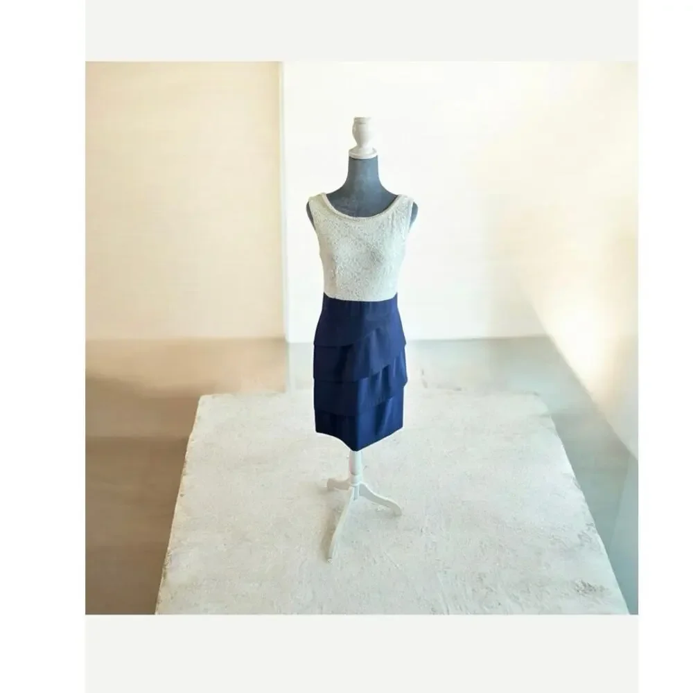Connected Apparel Womens Dress Ivory Lace, Blue Tiered Bottom Size 6